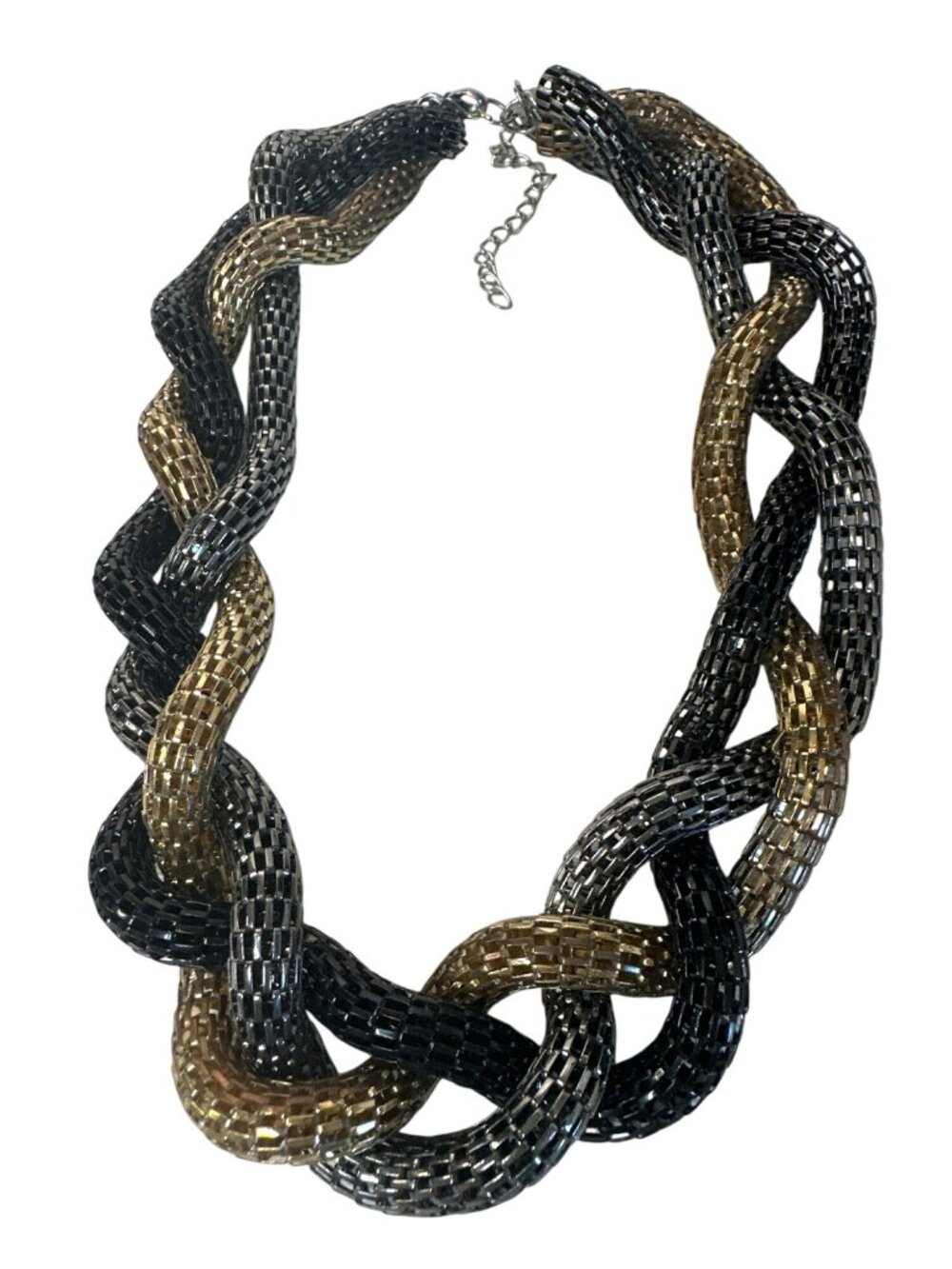 Gold & Black Mesh Chain-Link Statement Necklace Adjustable Chunky Statement